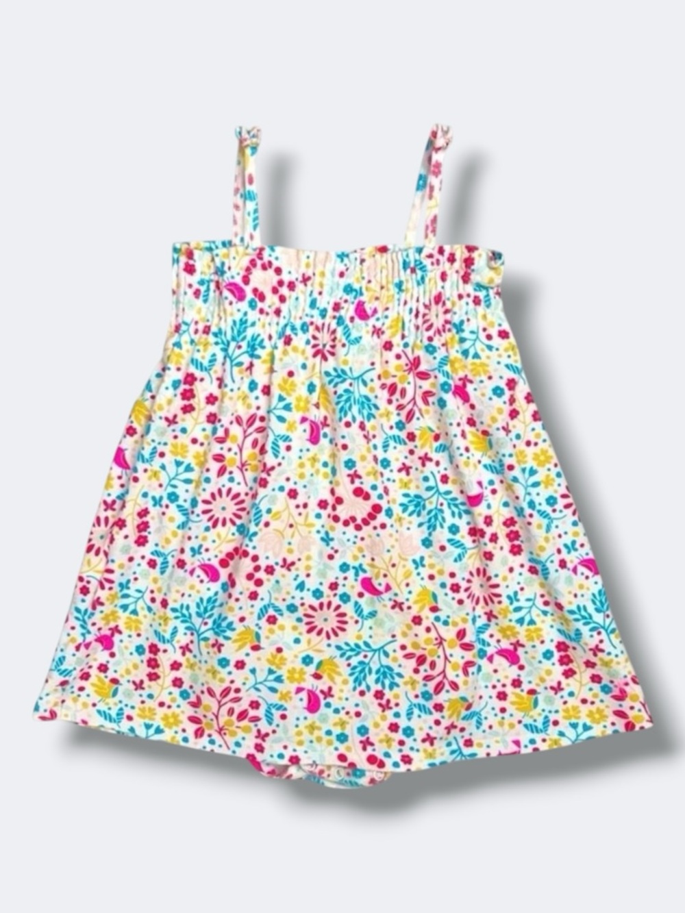 Petit Bateau Dress Girls 18M Floral Bird Smocked Bodysuit Sundress Cotton